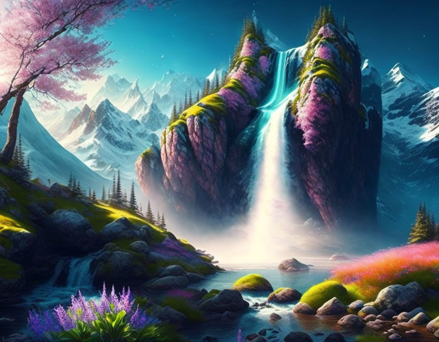 Majestic waterfall in serene landscape with snowy mountains