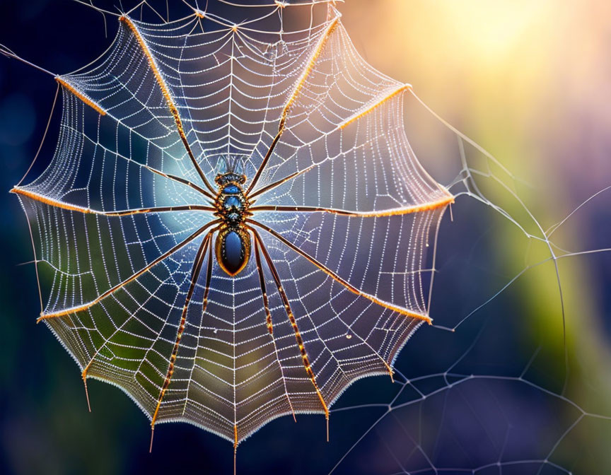 Spider web with dew drops in warm sunlight.