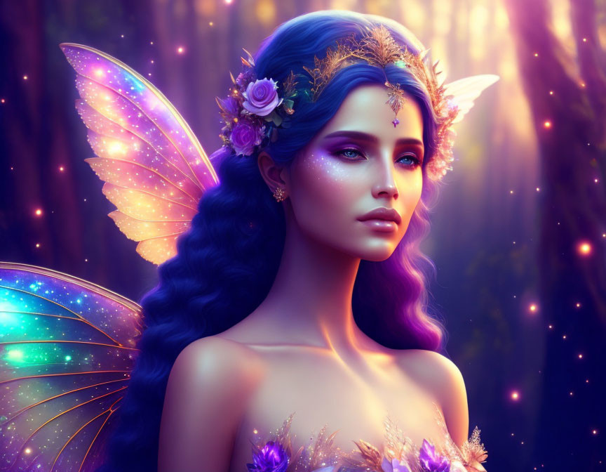 Fantasy illustration: Glowing-winged fairy with blue hair in enchanted forest