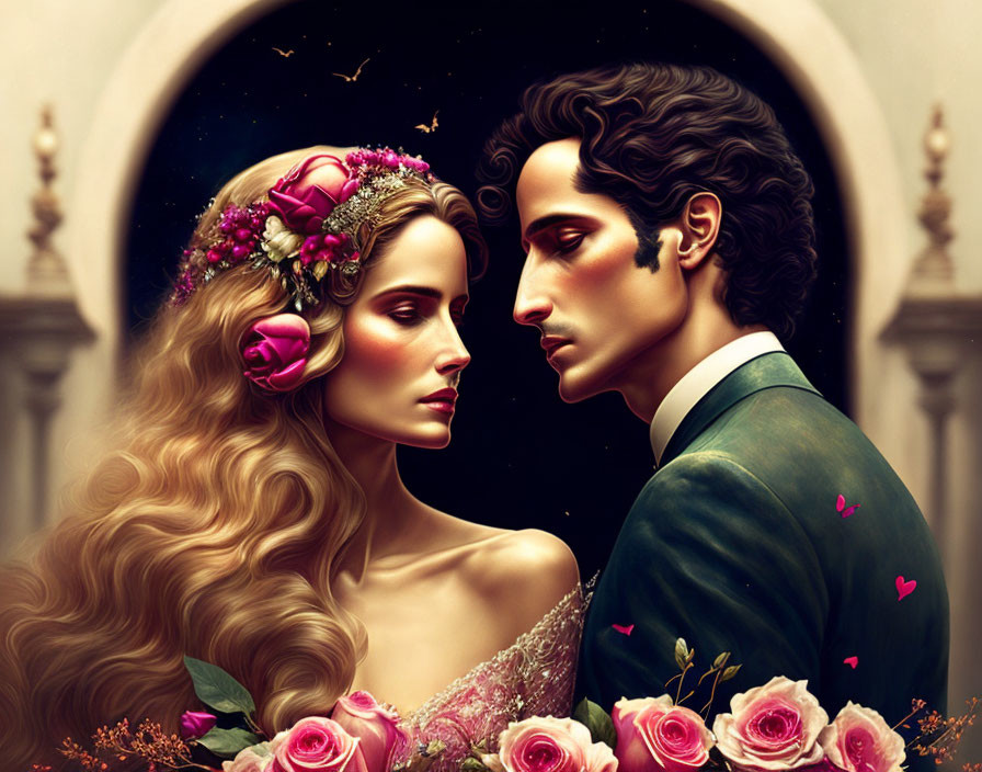 Romantic illustrated couple in ornate attire surrounded by roses