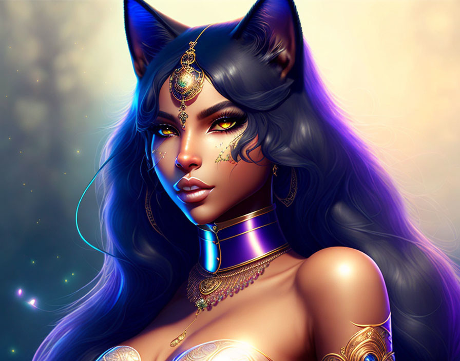 Illustration of woman with feline features and gold jewelry in mystical setting