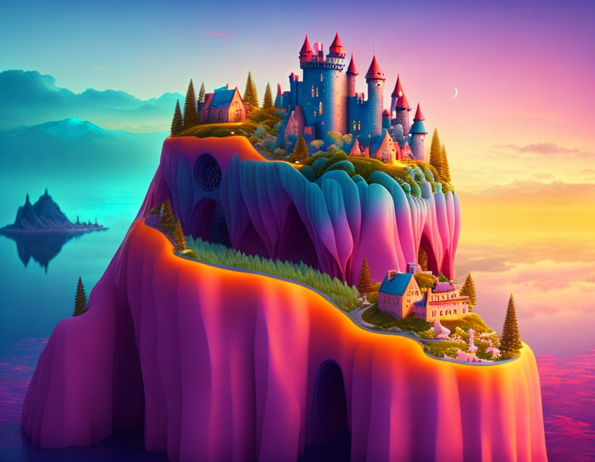 Colorful Castle on Vibrant Hill Landscape at Sunset