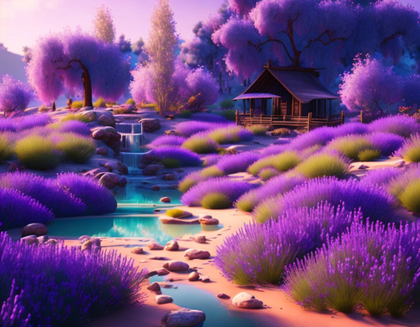 Tranquil lavender field and waterfall in digital art landscape