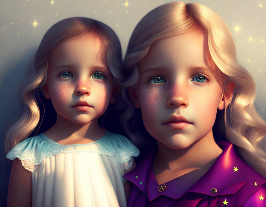 Illustrated Children with Sparkles in Blue and Purple Outfits