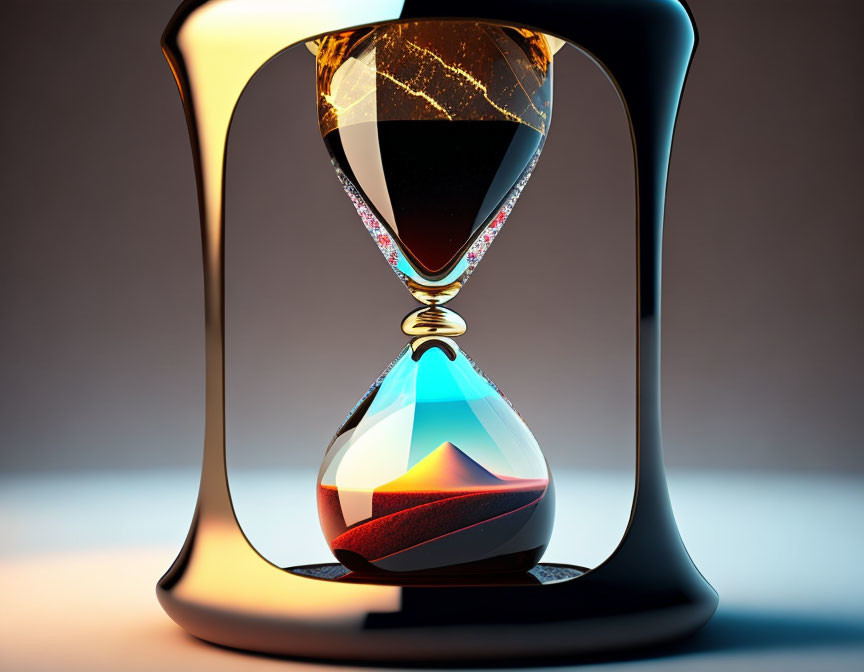 Hourglass with Sand Mountain and Cityscape Reflection Displayed