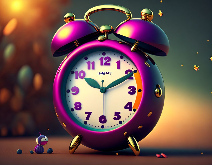 Colorful digital artwork of a purple and gold alarm clock with whimsical details on warm backdrop