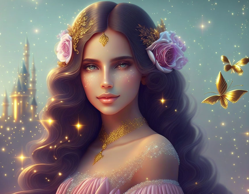 Fantastical woman with dark hair, flowers, butterflies, and castle in digital artwork