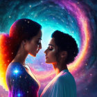 Two women touching foreheads in cosmic scene with spiral galaxy and stars.