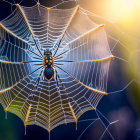 Spider web with dew drops in warm sunlight.