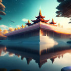 Traditional Asian temple reflected on calm waters at twilight with starry sky