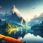 Scenic landscape with vibrant trees, sharp mountains, reflective lake, eagles, and warm sunrise