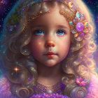 Young girl digital artwork: blue eyes, wavy hair, cosmic background, golden headpiece.