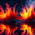 Vibrant flames over reflective water on dark blue background