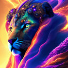 Majestic lion with glowing mane in ornate headdress on fiery cosmic backdrop