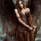 Fantasy female warrior with dark angel wings and golden shield