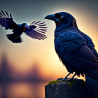 Bird in Flight and Perched Bird Against Sunset Sky