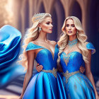 Two women in blue gowns and golden crowns with capes and necklaces in palatial setting