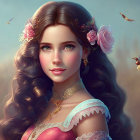 Fantastical woman with dark hair, flowers, butterflies, and castle in digital artwork