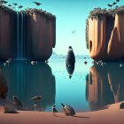 Mirrored cliffs, waterfalls, birds, and animals in surreal landscape