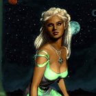 Elf digital art: Gold-crowned figure in green dress, set against mystical night sky