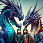 Three children with two majestic blue dragons under a vibrant sky