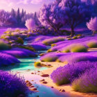 Tranquil lavender field and waterfall in digital art landscape