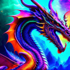 Mythological dragon with elaborate horns and scales in vibrant digital art