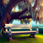 Tranquil park setting with white bench and sunlit tree