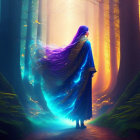 Vibrant blue-haired woman in glowing cloak in magical forest