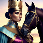 Regal woman with crown and majestic horse under twilight sky