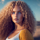 Blonde woman with curly hair in sequined top on beach backdrop