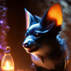 Fantasy creature resembling a bat with bright eyes among rocks and light bulbs