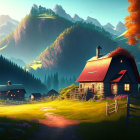 Tranquil valley with red-roofed cottage, cabins, green hills, and sunrise glow