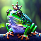 Colorful frog wearing a golden crown on green background