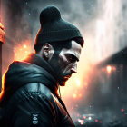 Robotic-faced person in beanie and leather jacket in fiery dystopian setting