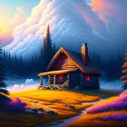 Colorful twilight log cabin painting with golden windows, purple flora, orange path, and misty forest