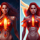 Digital artwork: Woman with fiery wings and armor in cosmic backdrop, two poses