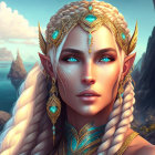 Fantasy elf with blue eyes and gold jewelry in mystical mountain landscape
