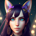 Female character with blue eyes, cat ears, crescent moon, and mystical backdrop.