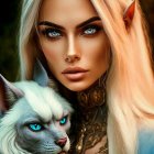 Fantasy elf with blue eyes, pale skin, blonde braids, golden ear accessories, and white