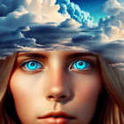 Portrait of a person with blue eyes, cloud hair, twilight sky, and distant moon