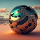 Intricate metallic sphere on sandy terrain at sunset