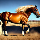 Chestnut horse with blonde mane in paddock with blue sky