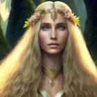 Digital portrait of woman with long blond hair and blue eyes in floral headpiece.