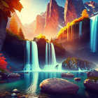 Tranquil waterfall in autumn forest with turquoise pool