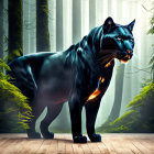 Giant neon blue panther in forest-themed room