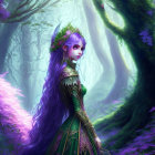 Purple-haired elf in green armor in mystical forest with filtered light