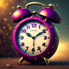 Colorful digital artwork of a purple and gold alarm clock with whimsical details on warm backdrop