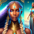 Illustration of woman with white hair and golden jewelry on mystical background