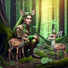 Enchanted forest with woman, elf ears, green cloak, and fawns
